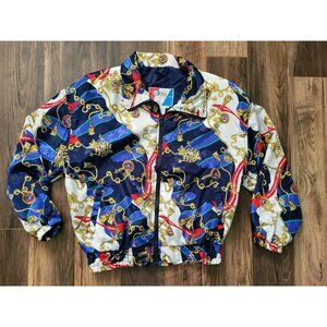 Vtg Pan Asia Blue Red Nautical Satin Zip Up Lightweight Track Jacket Sz M